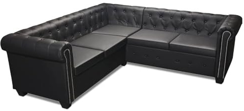 Tidyard Divano angolare Chesterfield 5 posti, pelle artificiale nera, per soggiorno