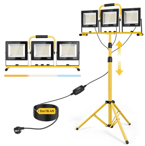 Yofuly 3x 100W Foco LED de Trabajo, 3 Modos de Temperatura de Color, Foco de Construcción 23.000 LM con Trípode Telescópico Ajustable, Foco para Obras IP66 Impermeable, Cable de 5M para Exteriores