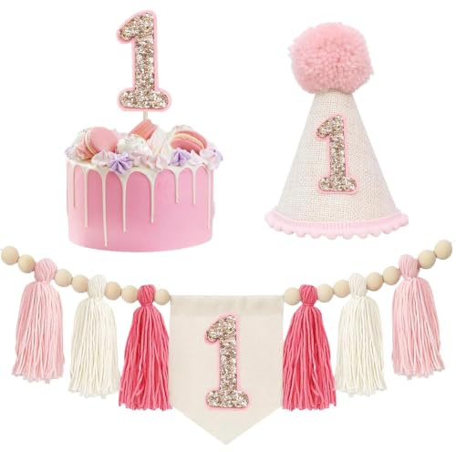 First Birthday Decorations Girl, 1st Birthday Decorations for Girls, Boho Theme Party Set with High Chair Banner and Cake Topper, Complete First Birthday Party Decorations Kit