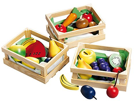 Happy People 45005 - Holzkorb mit Holzobst/Gemüse Spielzeug Kaufmannsladen mit verschiedenen Früchten
