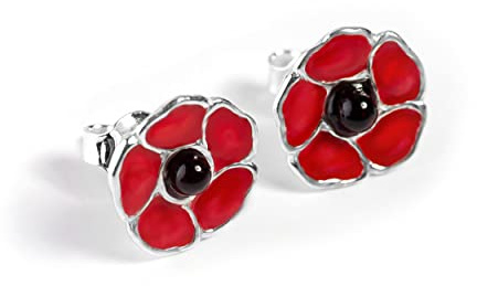 HENRYKA Purple Poppy Stud Earrings in 925 Sterling Silver & Baltic Amber | 10 mm x 10 mm Flower Studs with Violet Enamel-Painted Petals | Elegant Jewellery with Gift Box | Remembrance Gifts for Women