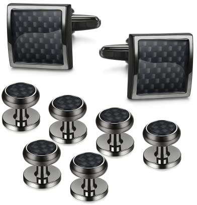 Morfetto 8pcs Mens Carbon Fiber Cufflinks and Shirt Studs Set Tuxedo Shirts Business Wedding Silver Black Tone