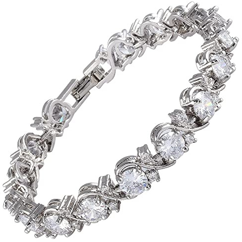 RIZILIA BLOSSOM Flerfärgad CZ Vitguldpläterad Tennisarmband för kvinnor, 7 Inches, Mässing, Kubisk zirkonia