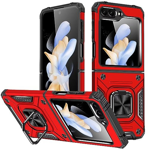 KANSi Cover per Samsung Galaxy Z Flip 5, Custodie Silicone TPU 360° Rotante Anello Magnetica Anello Ring Supporto Bumper - Rosso