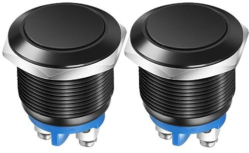 Gebildet 2pcs 19MM Momentary Push Button Switch IP65 waterproof Aluminium Alloy Shell 3A/12V 24V 36 DC 110V 250VAC 1NO SPST Screw Terminal (Black Shell)