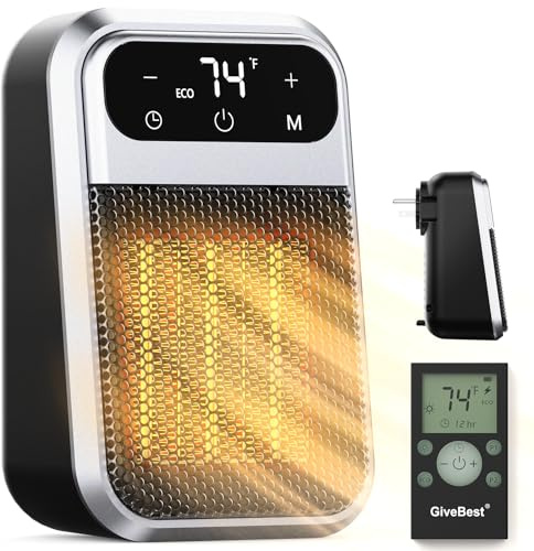 GiveBest Small Plug In Heater, Digital Display Bathroom Heaters for Indoor Use, 800W Ceramic Portable Electric Mini Heat with Adjustable Thermostat and 12h Timer,ECO mode save energy for Office Home