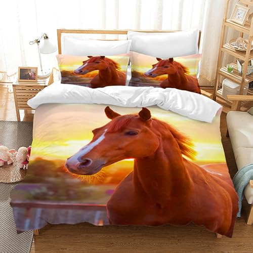 AVJWWD Set di biancheria da letto con copripiumino con stampa 3D, 135 x 200 cm, con stampa di cavalli, in microfibra, con 2 federe da 50 x 75 cm, per ragazzi e ragazze (marrone, 135 x 200 cm)