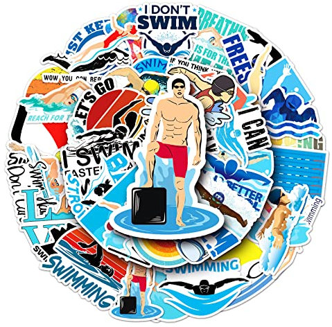 50 Piezas de Pegatinas de Nadar,Pegatinas para Ordenador Portatil Agenda Laptop Skate Botella Agua Guitarras Maletas equipajes Coches y Bicicletas,Swim Impermeable Vinilo Pegatinas