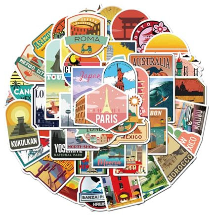 Onperpoe Aesthetic Juego de pegatinas de viaje - 50 pegatinas impermeables de vinilo vintage para maleta, portátil, bicicleta, álbum de recortes, motocicleta, monopatín, diseño retro para niños y