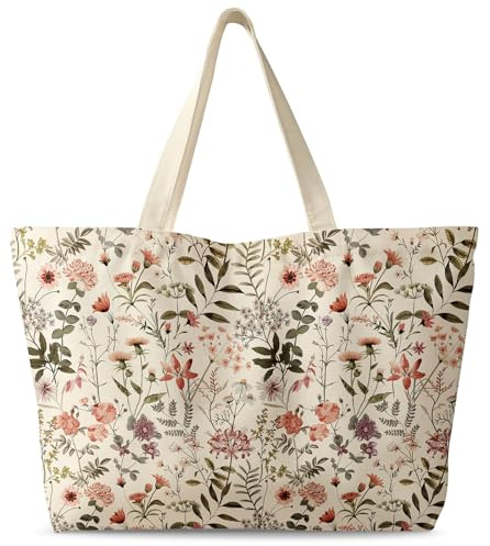 Miss Adola Large Tote Bag for Women - Canvas Tote Bag with Zipper Aesthetic PK Flower Shrubs Cotton Cloth Reusable Big Shoulder Bag for Shopping, Gym, Travel, Work