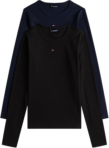 Tommy Jeans Donna Magliette Maniche Lunghe Confezione da 2 Slim Essential Rib Scollo Rotondo, Multicolore (Black/Dark Night Navy), L