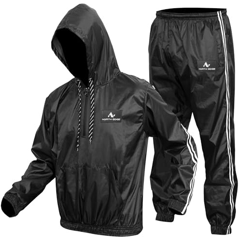 NORTH EDGE Sauna Sweat Suit Heavy Duty Gym Fitness Sauna Suit MMA Training Exercise Running Sauna Sweat Suit (Black Hooded, S)