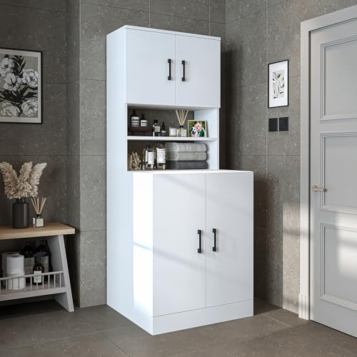 ROOMART, Salle de bain, armoire de machine à laver, tour de lavage, étagère de machine à laver, superstructure de machine à laver - Lg : 70 x 180 x 69 cm (avec armoire supérieure, blanc)