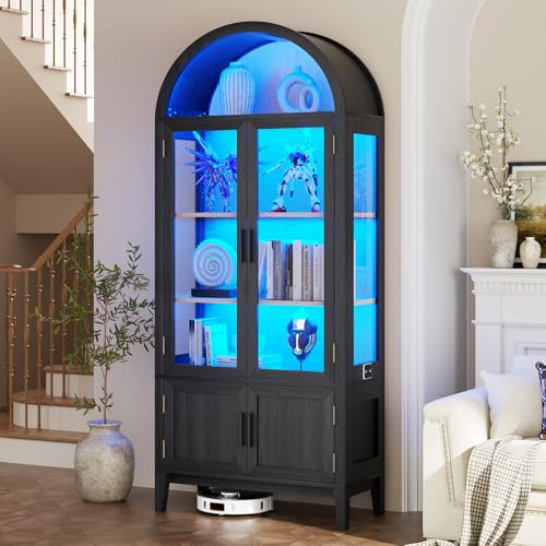BROTTAR Glasvitrine mit LED Beleuchtung, Gewölbte Vitrine mit Intelligente Sensorik, Sideboard, Küchenschrank, Vitrinenschrank für Wohnzimmer Schlafzimmer Büro Sammlervitrine, Schwarz