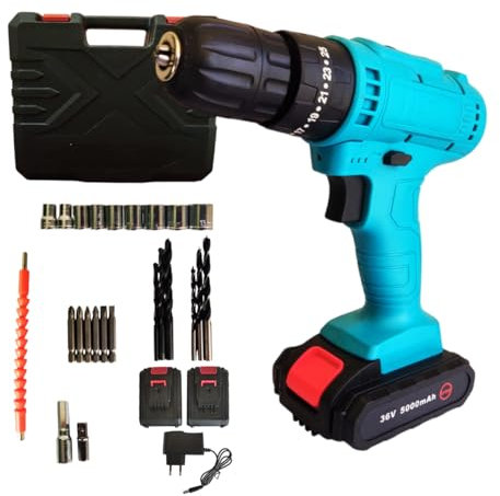 Trapano avvitatore a batteria percussione battente, doppia batteria al litio 36v, 25+1 impostazione coppia, luce led, set di accessori completo,10mm mandrino autoserrante, per riparazione, fai da te.