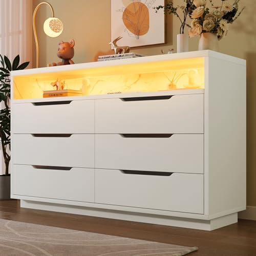 Rosebibi Aparador, Cómoda con iluminación LED y 6 cajones, compartimento de almacenamiento con veteado de mármol, armario moderno para salón y dormitorio, 120 x 40 x 85 cm, blanco