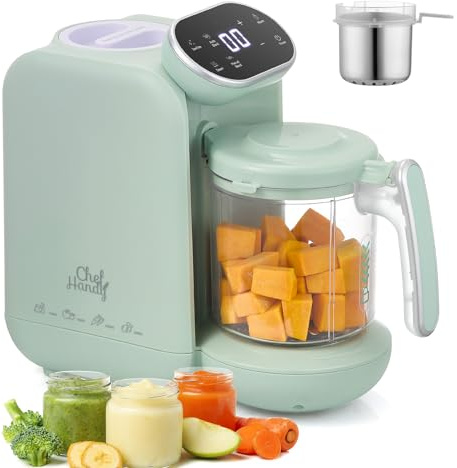 Chefhandy Baby Food Maker, 5 in 1 Baby Food Processor with Stainless Steel Steam Basket, Food Puree Maker with Steamer, Blender, Bottle Warmer Function, Auto Cooking & Grinding, Touchscreen (Green)