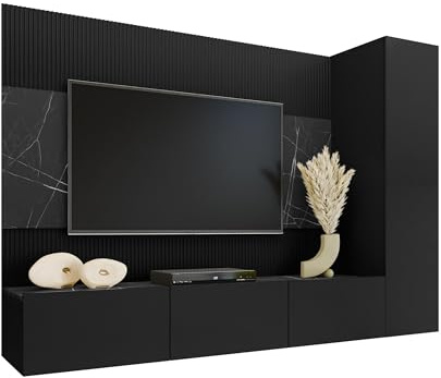 Mirjan24 Wohnwand Deromi VI, Anbauwand mit Wandpaneele und TV-Lowboard, Akustikplatten, Fernsehschrank, Schrankwand, Mediawand, Hängeschrank (Schwarz + Schwarz Marmor)