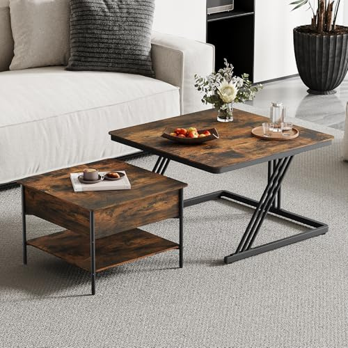 TOTEBOX Set of 2 Square Nesting Coffee Table, Lift Up Coffee Table with Hidden Storage Compartment, Open Shelf and Metal Frame, Retro Style Stackable Nest of Tables for Living Room