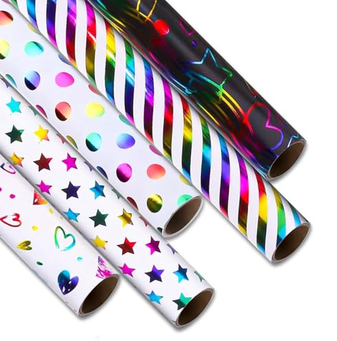 5 Rouleaux de Papier Cadeau Multicolore, 43 cm x 3 m - Set d'Emballage Cadeau avec Ruban Adhésif - Pour Anniversaires, Mariages, Baby Showers, Noël et Célébrations