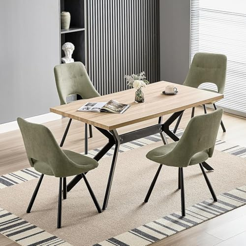 LEWE Set Sala da Pranzo, 140 X 80 X 76 Cm Tavolo da Pranzo Rettangolare in Legno con 4 Sedie da Pranzo, Imbottite, Senza Braccioli, Per Cucina, Sala da Pranzo e Soggiorno, Grigio Verde