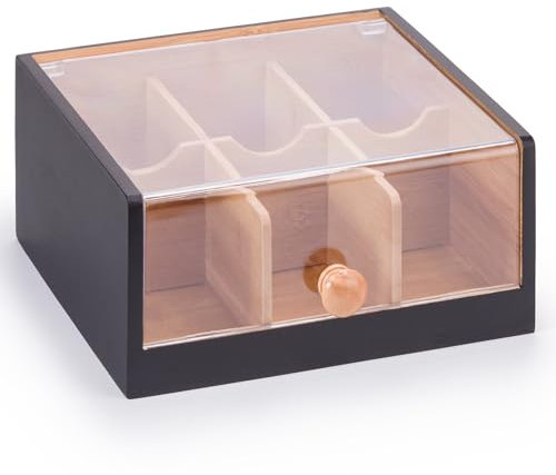 Woodluv Tea Storage Organizer with 6 Compartments, Premium Multi Purpose Display Case, Storage for Assorted Teas, Lidded Countertop Holder, Stylish Chai Container with Lid for Kitchen - Black