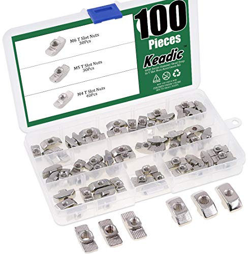 Keadic 100Pcs 4040 Series T Nuts, M4 M5 M6 Hammer Head Fastener Drop in T Slot Nut Assortment Kit with Organizing Box for Aluminum Profile - Carbon Steel Nickel Plated