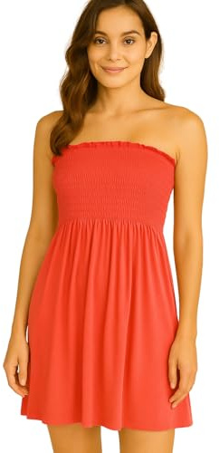 STAR FASHION Women’s Strapless Sheering Ruched Bandeau Dress Plain Boob Tube Sleeveless Midi Dress Summer Holiday Beach Flared Dress Soft Stretch Coral 8-10