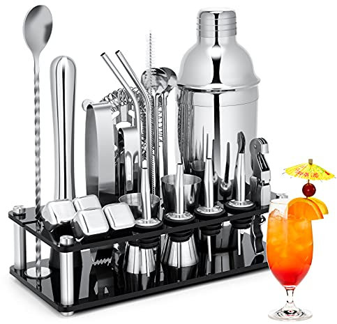 Cocktail Shaker Set, 23 PCS Stainless Steel Bartender Kit with Acrylic Stand & Cocktail Recipes Booklet, Professional Bar Tools for Drink Mixing, Home, Bar, Party (Sliver, 25oz)