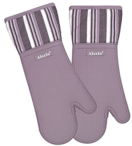 Alselo Silicone Oven Mitts Heat Resistant 550 Degree Extra Long Kitchen Gloves Pot Holders with Waterproof and Non-Silp for Baking Cooking Barbecue Microwave Machine Washable (Extra Long Purple, 2)