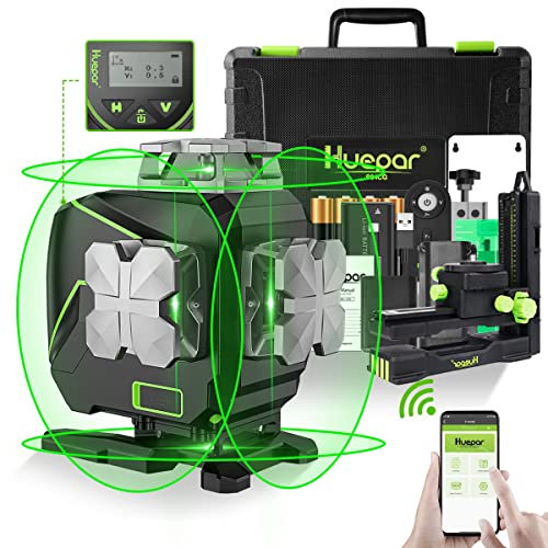 4d Laser Level, Huepar S04CG 4 x 360 Cross Lines Remote Control, LCD Screen Angle Display, Self Leveling Green Laser Level, 10m ± 3mm, IP54, Hand Carry Case 2024 New Version