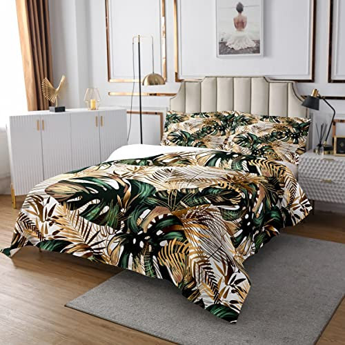 Sunnybed Gold Palmenblatt Tagesdecke Tropical Botanical Aquarell Retro Pflanzen Set 240x260 Für Kinder Teens Männer Frauen Dschungel Natur Thema Dunkelgrün Mit 2 Kissenbezüge, Multi 20