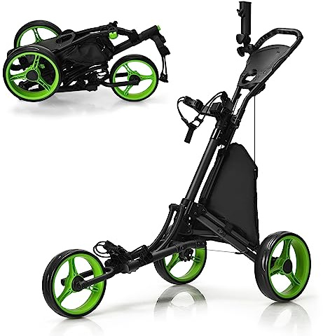 COSTWAY Carrello da Golf Pieghevole con 3 Ruote, Struttura in Alluminio, Cinghia Elastica, Portaombrello Regolabile e Porta Bicchiere, Segnapunti e Freno a Pedale (Verde)