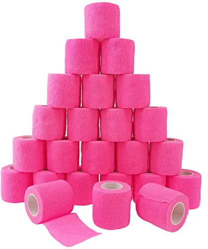 24 Pack Self Adherent Cohesive Bandage Wrap, 2” x 5 Yards Elastic Non Woven Pink Adhesive Tape, Stretch Vet Wrap for Dogs, Athletic Bandages Wrap for First Aid Medical, Sports, Ankle, Wrist Sprains