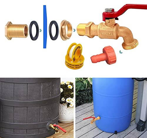 Rain Barrel Spigot, Brass Faucet Kit for Rain Water Barrel, Water Tanks, Tubs, Pools Etc, Turn Ball Valve Rain Barrel Spigot with Bulkhead Fitting Set