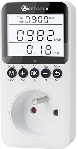 KETOTEK Wattmètre Prise Compteur d'Énergie, Consommation d'Énergie avec Écran LCD Rétroéclairé, Prise de Consommation Électrique Protection Contre Les Surcharges 3680W