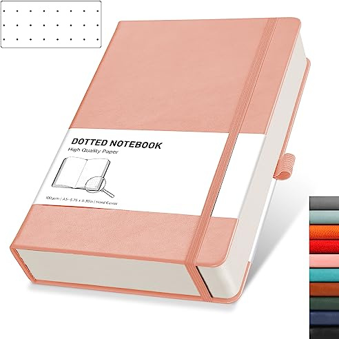 RETTACY A5 Dotted Notebook, Leather Hardcover Journal, 320 Pages, Pink | Notepad for Men Women, 100 GSM Thick Bullet Paper, for School Sketch Planning - 14.5 × 21 cm