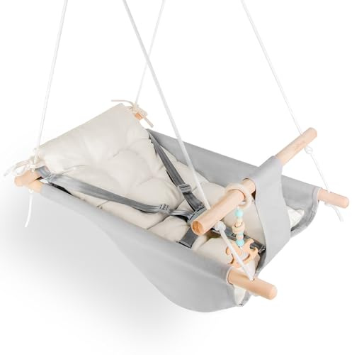 Baby Swing Indoor and Outdoor, Canvas Hammock Swing for Baby to Toddler with a Comfortable Seat, Macaroon Wooden Toy, Adjustable 5-Point Harness,3 Modes,Gift for Baby Boys Girls, Grey&White