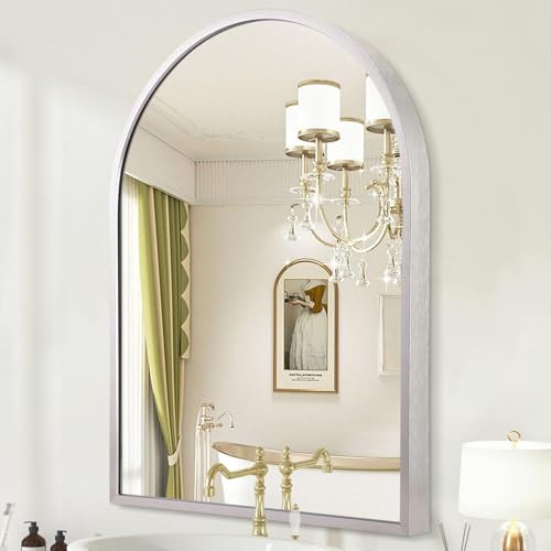 HLFMVWE Espejo de Pared Arco Para Baño, 50 x 40 cm, Marco de Metal Plateado, Curvado, Para Maquillaje, Entrada, Salón, Dormitorio, Decoración
