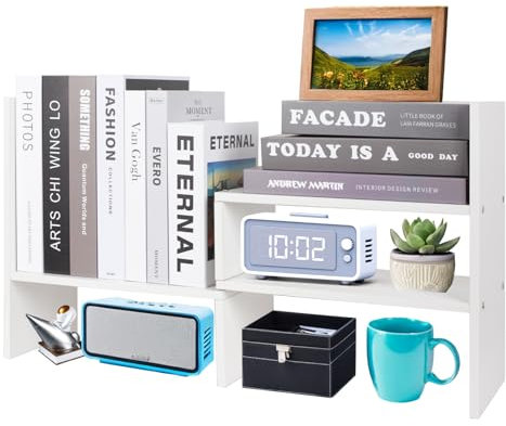powerking Einstellbare Holz Desktop Bücherregal, Schreibtisch Speicher Organizer Display Regal Rack, Erweiterbare Bürobedarf Bücherregal für Geburtstagsgeschenke, Weiß
