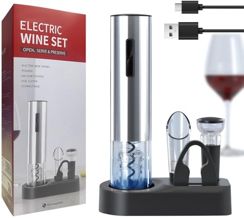 Oaklete Electric Wine Opener, 6-in-1 Rechargeable Wine Bottle Opener set includes Automatic Corkscrew Wine Opener, Foil Cutter, Vacuum Wine Stopper, etc. Ideal gift for Wine Lovers (Silver)