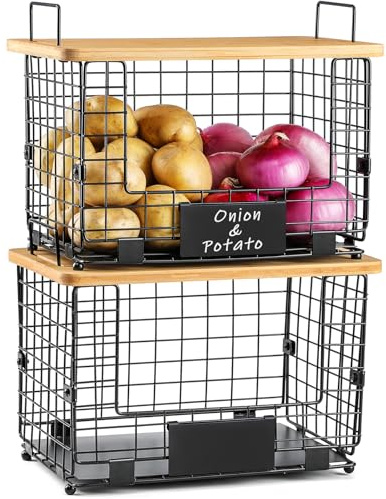 2 Set XL Stackable Wire Basket with Bamboo Tops & Tags- Pantry Organizer and Storage Bins, Kitchen Counter Cabinet Shelf Countertop Under Sink Organizing, Food Snack Produce Onion Potato Bread Storage