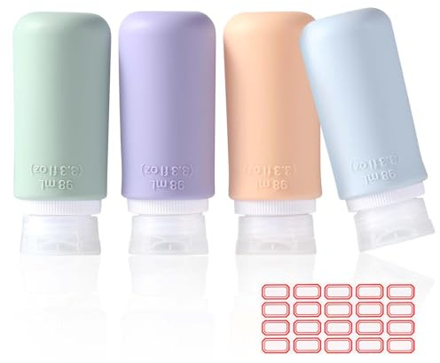 Diboniur Silikon reseflaska, 4 st tom pumpflaska med 1 tomma klistermärken, läckagesäker resekit för schampo, kräm, Liquidi och Lotion (98 ml)