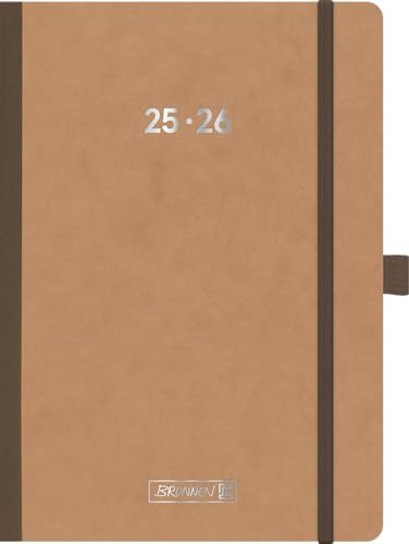 BRUNNEN Schülerkalender (2025/2026) FACT!plus, 2 Seiten = 1 Woche, A5, 208 Seiten, Pressspan-Umschlag, braun
