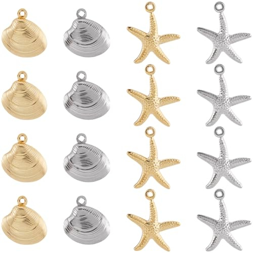 SUNNYCLUE 1 caja de 64 piezas de 2 estilos de Dijes de Océano Dorados Y Plateados, Dijes de Metal para Playa, Colgantes de Concha de Estrella de Mar de Verano Estilo Bohemio, para Hacer Joyas, Suminis
