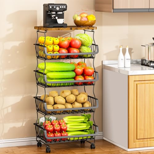 Casavibe Cesto per verdure in metallo a 5 livelli con piano in legno e ruote, impilabile per frutta, forniture e bagno