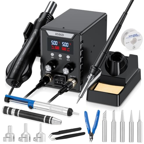 Lötstation, Heißluft Lötstation 2 in 1 Lötkolben Set 60W Soldering Station Entlötstation,Lötkolben 180-500℃,Lötset für Enthält 5 Schweißköpfe 3 Heißgasdüsen 2 Pinzen