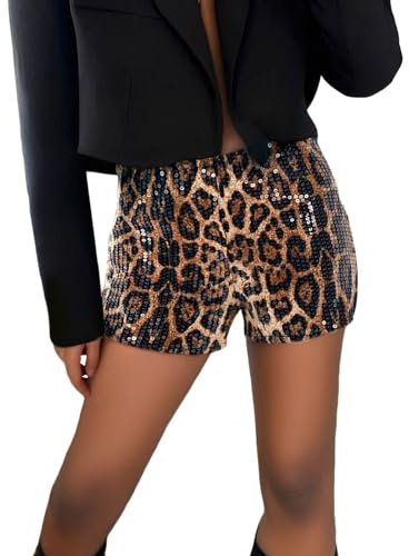 Short à Paillettes Femme Sequin Shorts élastique Taille Haute Scintillant Nuit Pantalon d'été Brillant de Danse Imprimé léopard Hot Pants Sparkling Mini Short Décontracté Tenue de Fête Club (Brown, S)