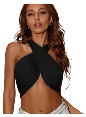 XIUsheUA Criss Cross Halter Top Summer Black Halter Sexy Strapless Wrap Crop Tops Women Casual Ruched Underwear