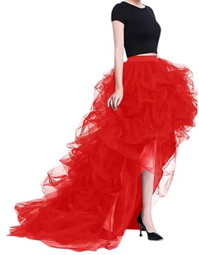 Gonna asimmetrica da donna in tulle lunga in chiffon pizzo gonna da balletto a vita alta elastica gonna a coda di rondine tutù sottogonna elegante tinta unita gonna da festa gonna casual, Z1 rosso., L